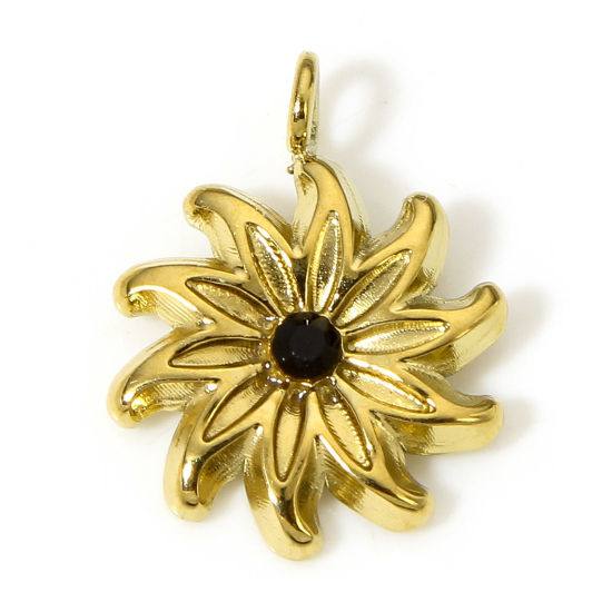 Immagine di 1 Pz Placcatura Sottovuoto PVD Ecologica 304 Acciaio Inossidabile Stile Pastorale Ciondoli Fiore 18K Vero Oro Placcato Nero Strass 15.5mm x 11.5mm