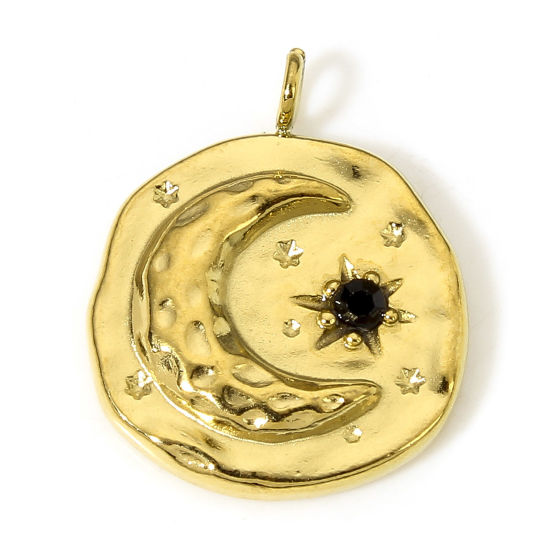 Immagine di 1 Pz Placcatura Sottovuoto PVD Ecologica 304 Acciaio Inossidabile Galassia Ciondoli Tondo 18K Vero Oro Placcato Luna Nero Strass 18.5mm x 15mm