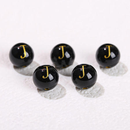 Image de 10 Pcs Perles pour DIY Fabrication de Bijoux en Agate ( Haute Température Teinture ) Rond Alphabet Initial/ Lettre Majuscule Mots " J " Noir Gravure 8mm Dia, Trou: env. 1.4mm
