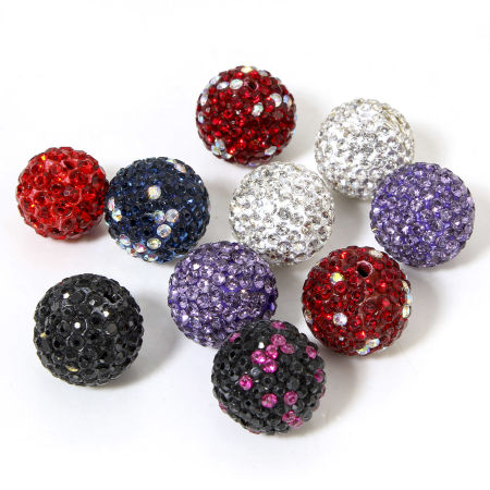 Picture of 5 PCs Polymer Clay Beads For DIY Jewelry Making Round At Random Mixed Color Clear Rhinestone About 16mm Dia, Hole: Approx 1.2mm