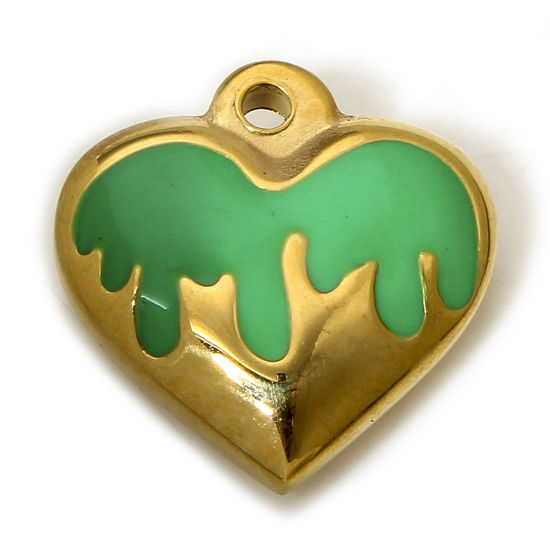 Immagine di 1 Pz 304 Acciaio Inossidabile Charms Cuore Placcato Oro 18K Verde Smalto 17mm x