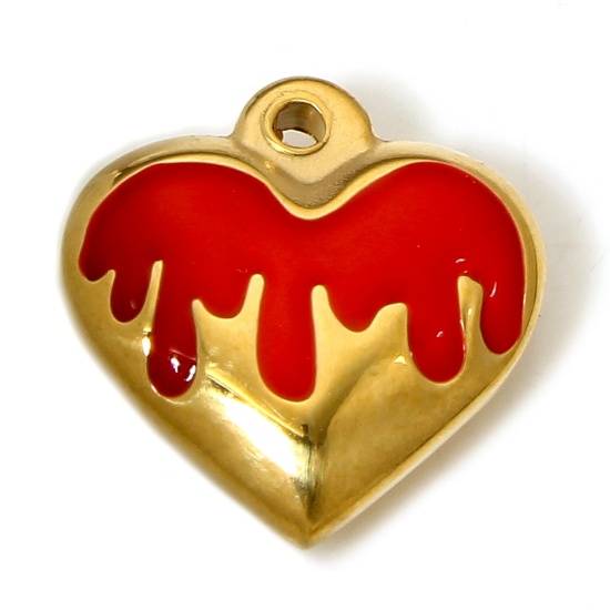 Immagine di 1 Pz 304 Acciaio Inossidabile Charms Cuore Placcato Oro 18K Rosso Smalto 17mm x 16.5mm