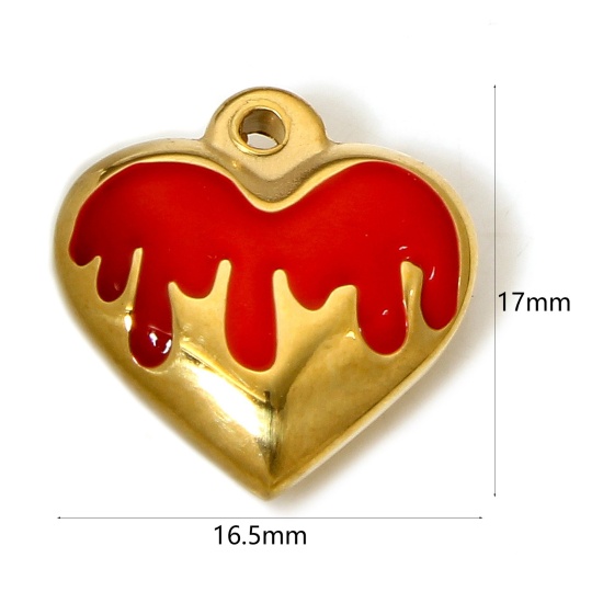 Immagine di 1 Pz 304 Acciaio Inossidabile Charms Cuore Placcato Oro 18K Rosso Smalto 17mm x 16.5mm