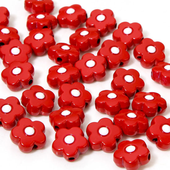 Picture of 10 PCs Zinc Based Alloy Flora Collection Spacer Beads For DIY Charm Jewelry Making Red Flower Enamel About 10mm x 10mm, Hole: Approx 1.4mm