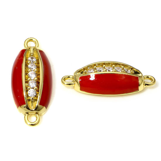 Picture of 1 Piece Brass Connectors Charms Pendants Cowrie Monetaria Caputserpentis Shell 18K Real Gold Plated Red Enamel Clear Cubic Zirconia 15mm x 7mm