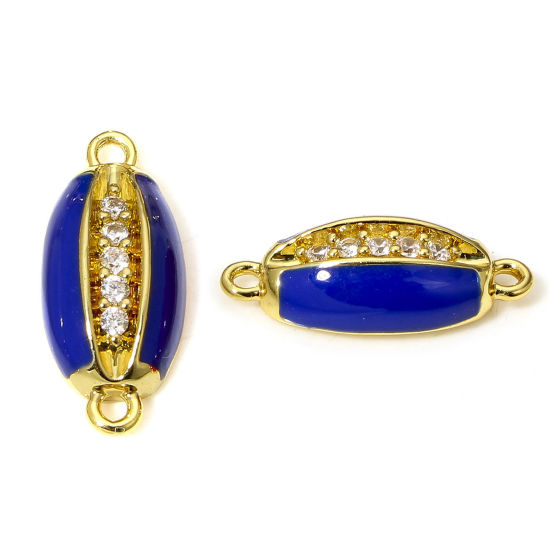 Picture of 1 Piece Brass Connectors Charms Pendants Cowrie Monetaria Caputserpentis Shell 18K Real Gold Plated Dark Blue Enamel Clear Cubic Zirconia 15mm x 7mm