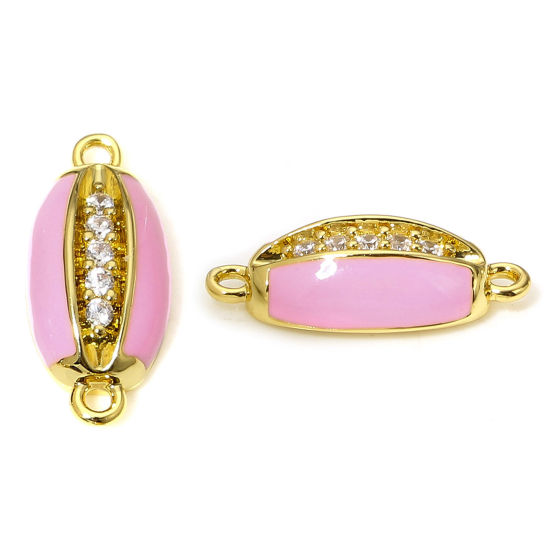 Picture of 1 Piece Brass Connectors Charms Pendants Cowrie Monetaria Caputserpentis Shell 18K Real Gold Plated Pink Enamel Clear Cubic Zirconia 15mm x 7mm
