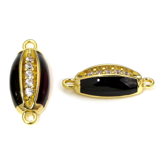 Picture of 1 Piece Brass Connectors Charms Pendants Cowrie Monetaria Caputserpentis Shell 18K Real Gold Plated Black Enamel Clear Cubic Zirconia 15mm x 7mm