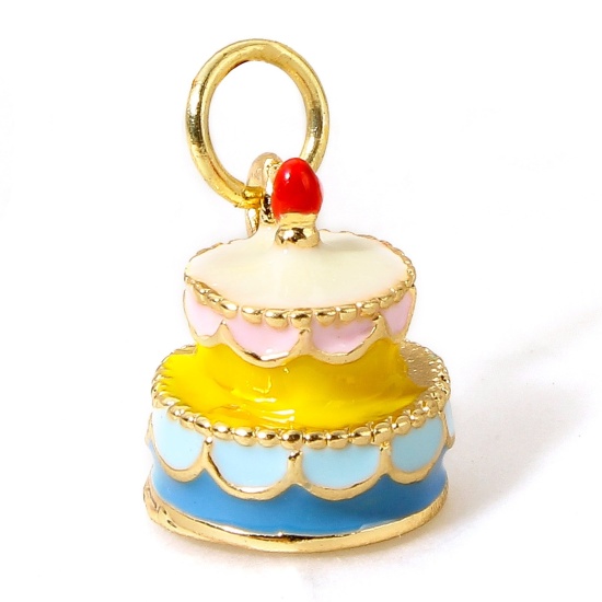 Image de 1 Pièce Breloques en Laiton Gâteau Plaqué Or Véritable 18K Multicolore Aliment 3D 12.5mm x 9mm