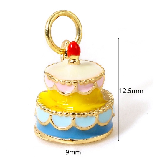 Image de 1 Pièce Breloques en Laiton Gâteau Plaqué Or Véritable 18K Multicolore Aliment 3D 12.5mm x 9mm