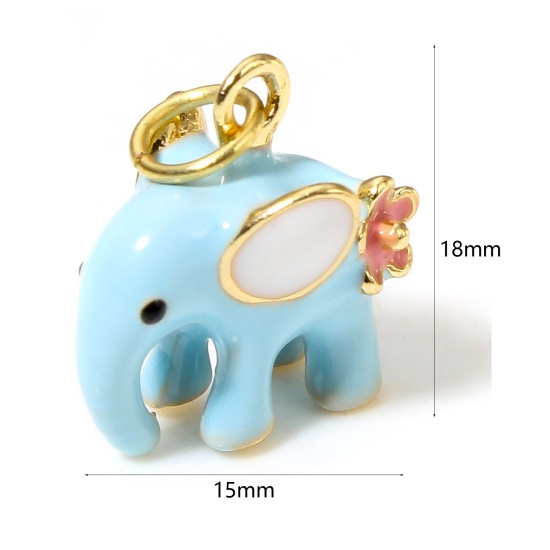 Image de 1 Pièce Breloques en Laiton Eléphant Plaqué Or Véritable 18K Bleu 3D 18mm x 15mm