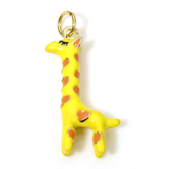 Image de 1 Pièce Breloques en Laiton Girafe Plaqué Or Véritable 18K Jaune 3D 27mm x 14mm