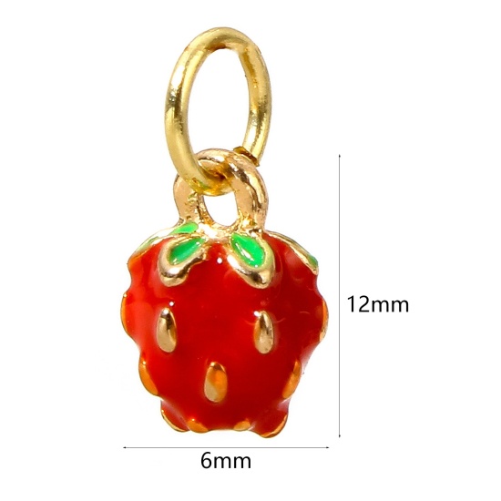 Image de 1 Pièce Breloques en Laiton Fraises Plaqué Or Véritable 18K Rouge 3D 12mm x 6mm