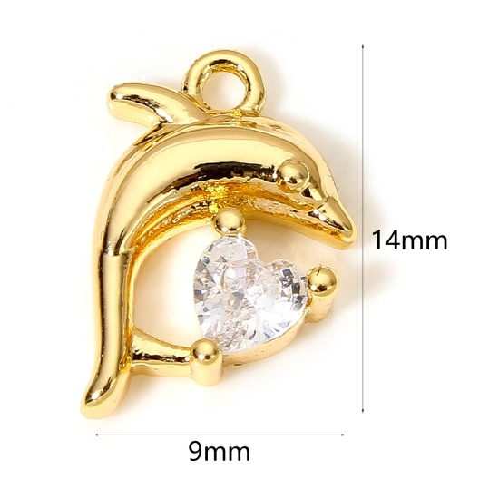 Picture of 2 PCs Brass Ocean Jewelry Charms 18K Gold Plated Dolphin Animal Clear Cubic Zirconia 14mm x 9mm