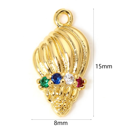 Picture of 2 PCs Brass Charms 18K Gold Plated Shell Multicolour Cubic Zirconia 15mm x 8mm