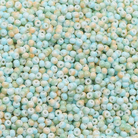 Bild von 10 Grams (Approx 34 PCs/Gram) Glass Seed Beads Round Pale Yellow & Green Gradient Color About 3mm Dia., Hole: Approx 0.5mm