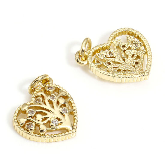 Picture of 1 Piece Brass Valentine's Day Charms 14K Real Gold Plated Heart Tree of Life Hollow Clear Cubic Zirconia 14mm x 12mm