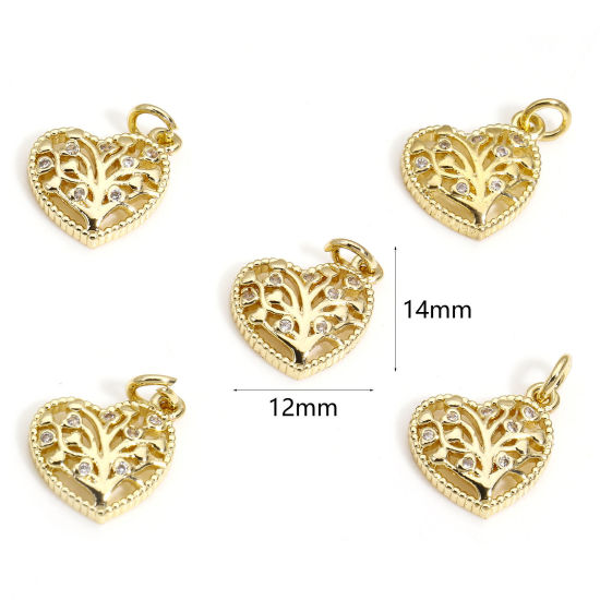 Picture of 1 Piece Brass Valentine's Day Charms 14K Real Gold Plated Heart Tree of Life Hollow Clear Cubic Zirconia 14mm x 12mm