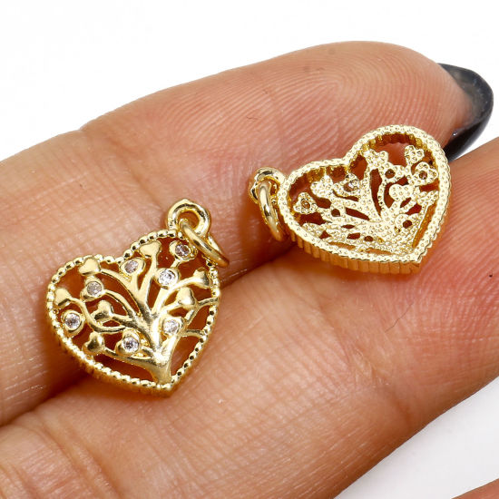 Image de 1 Pièce Breloques La Saint Valentin en Laiton Cœur Plaqué Or Réel 14K Arbre de Vie Creux à Zircone Cubique Clair 14mm x 12mm