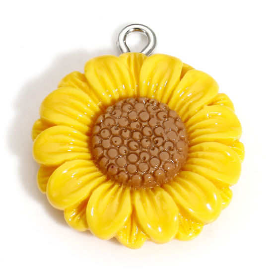 Picture of 10 PCs Resin Charms Sunflower Silver Tone Yellow 27mm x 23mm