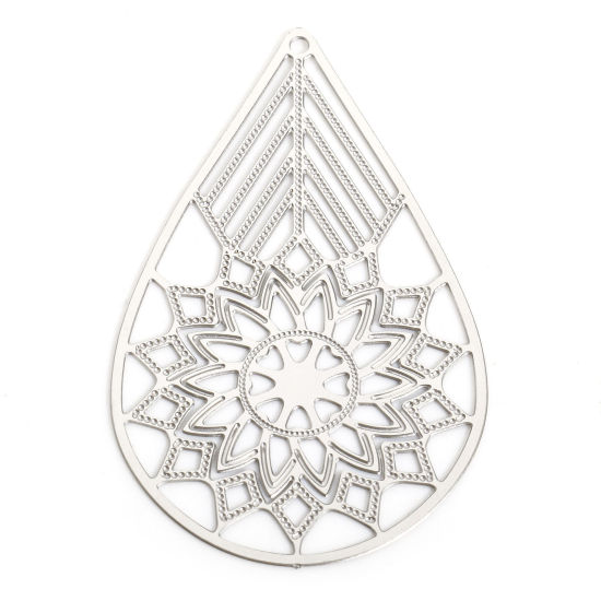 Picture of 5 PCs 304 Stainless Steel Filigree Stamping Pendants Silver Tone Drop Hollow 43mm x 29.5mm