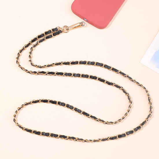 Picture of 1 PCs PU Curb Link Chain Cell Phone Lanyards Strap Black & Gold 125cm long
