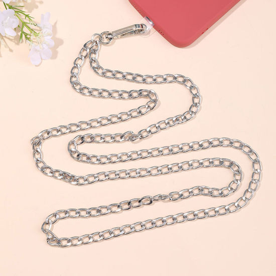 Picture of 1 PCs Iron Based Alloy Curb Link Chain Cell Phone Lanyards Strap Silver Plated 125cm long