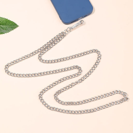 Image de 1 PCs Iron Based Alloy Curb Link Chain Cell Phone Lanyards Strap Silver Plated 125cm long