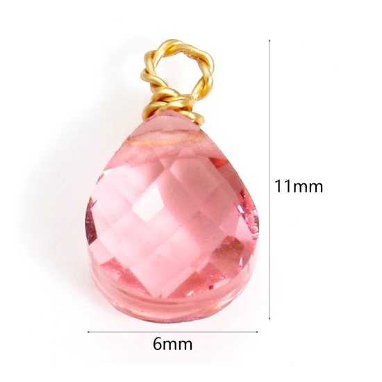 Bild von 2 Stück 304 Edelstahl & Glas Charms Tropfen Vergoldet Rosa Facettiert 11mm x 6mm