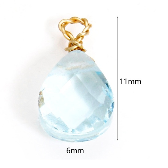 Bild von 2 Stück 304 Edelstahl & Glas Charms Tropfen Vergoldet Blau Facettiert 11mm x 6mm