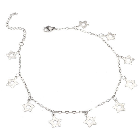 Picture of 1 Piece 304 Stainless Steel Link Cable Chain Anklet 18K Gold Color With Pendant Pentagram Star 24.5cm(9 5/8") long