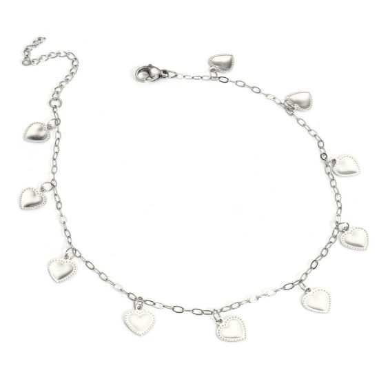 Picture of 1 Piece 304 Stainless Steel Link Cable Chain Anklet 18K Gold Color With Pendant Heart 24.5cm(9 5/8") long