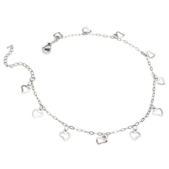 Picture of 1 Piece 304 Stainless Steel Link Cable Chain Anklet 18K Gold Color With Pendant Heart 24.5cm(9 5/8") long