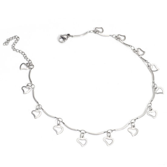 Picture of 1 Piece 304 Stainless Steel Twisted Stick Chain Anklet 18K Gold Color With Pendant Heart 24.5cm(9 5/8") long
