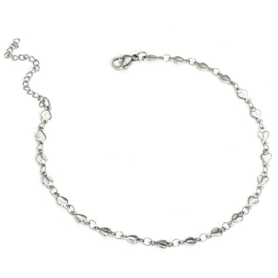 Picture of 1 Piece 304 Stainless Steel Handmade Link Chain Anklet Silver Tone With Lobster Claw Clasp And Extender Chain Heart 24.5cm(9 5/8") long