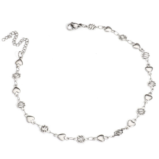 Picture of 1 Piece 304 Stainless Steel Handmade Link Chain Anklet Silver Tone With Lobster Claw Clasp And Extender Chain Hexagon 25.5cm(10") long