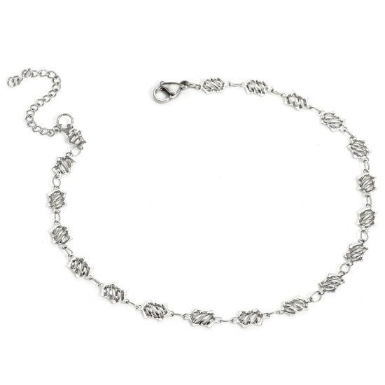 Picture of 1 Piece 304 Stainless Steel Handmade Link Chain Anklet Silver Tone With Lobster Claw Clasp And Extender Chain Hexagon 25cm(9 7/8") long