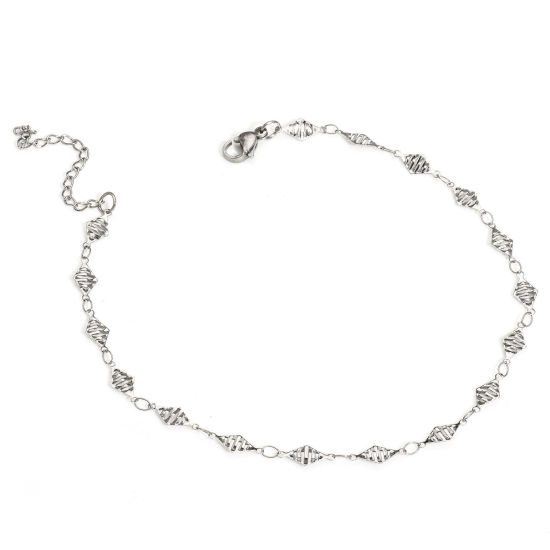 Picture of 1 Piece 304 Stainless Steel Handmade Link Chain Anklet Silver Tone With Lobster Claw Clasp And Extender Chain Rhombus 25cm(9 7/8") long