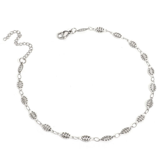 Picture of 1 Piece 304 Stainless Steel Handmade Link Chain Anklet Silver Tone With Lobster Claw Clasp And Extender Chain Marquise 25.5cm(10") long