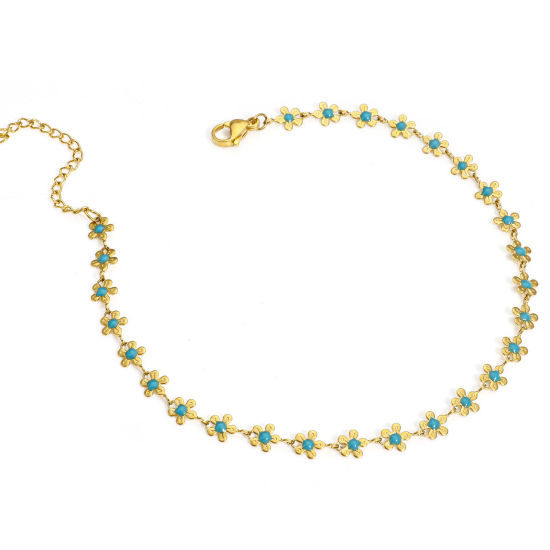 Picture of 1 Piece Vacuum Plating 304 Stainless Steel Handmade Link Chain Anklet 18K Gold Plated Green Blue Enamel Flower 25cm(9 7/8") long