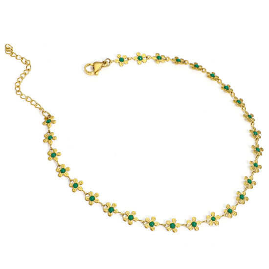 Picture of 1 Piece Vacuum Plating 304 Stainless Steel Handmade Link Chain Anklet 18K Gold Plated Green Enamel Flower 25cm(9 7/8") long