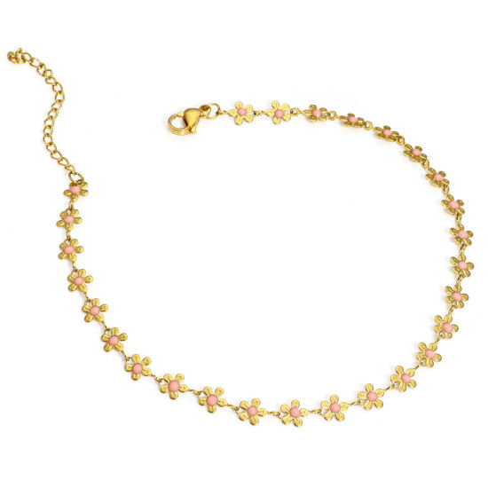 Picture of 1 Piece Vacuum Plating 304 Stainless Steel Handmade Link Chain Anklet 18K Gold Plated Pink Enamel Flower 25cm(9 7/8") long