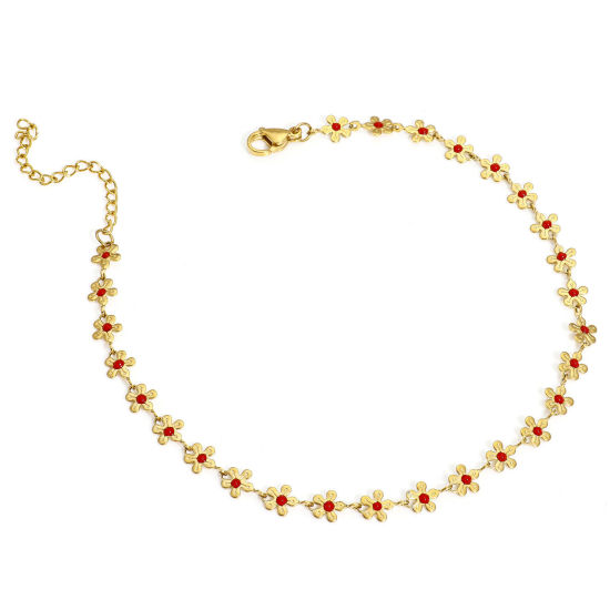 Picture of 1 Piece Vacuum Plating 304 Stainless Steel Handmade Link Chain Anklet 18K Gold Plated Red Enamel Flower 25cm(9 7/8") long