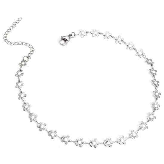 Picture of 1 Piece 304 Stainless Steel Handmade Link Chain Anklet Silver Tone White Enamel Flower 25cm(9 7/8") long