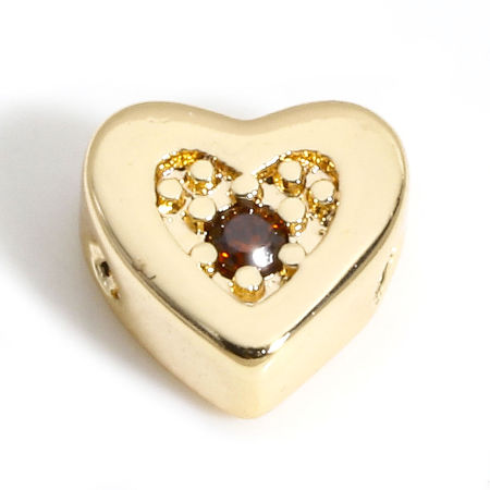 Picture of 2 PCs Brass Valentine's Day Beads For DIY Jewelry Making 18K Real Gold Plated Heart Red Cubic Zirconia About 7.5mm x 7mm, Hole: Approx 0.6mm