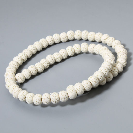 Picture of 1 Strand (Approx 62 PCs/Strand) (Grade A) Lava Rock ( Natural Dyed ) Beads For DIY Charm Jewelry Making Drum White About 8mm x 6mm, Hole: Approx 1.4mm, 40cm(15 6/8") long
