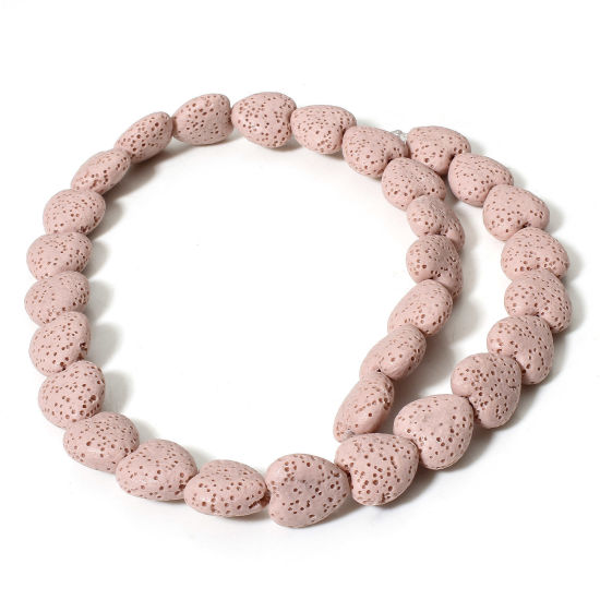 Picture of 1 Strand (Approx 30 PCs/Strand) (Grade A) Lava Rock ( Natural Dyed ) Beads For DIY Charm Jewelry Making Heart Light Pink About 14mm x 13mm, Hole: Approx 1.2mm, 40cm(15 6/8") long