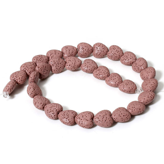 Picture of 1 Strand (Approx 30 PCs/Strand) (Grade A) Lava Rock ( Natural Dyed ) Beads For DIY Charm Jewelry Making Heart Dark Pink About 14mm x 13mm, Hole: Approx 1.2mm, 40cm(15 6/8") long