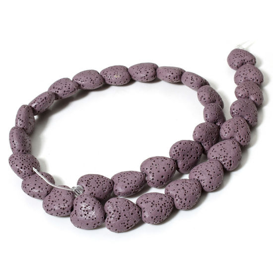 Picture of 1 Strand (Approx 30 PCs/Strand) (Grade A) Lava Rock ( Natural Dyed ) Beads For DIY Charm Jewelry Making Heart Purple About 14mm x 13mm, Hole: Approx 1.2mm, 40cm(15 6/8") long