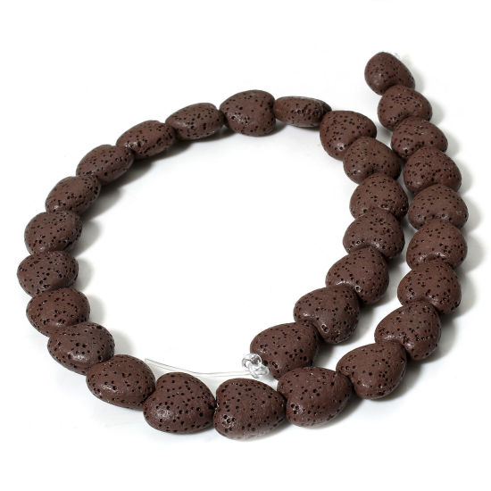 Picture of 1 Strand (Approx 30 PCs/Strand) (Grade A) Lava Rock ( Natural Dyed ) Beads For DIY Charm Jewelry Making Heart Coffee About 14mm x 13mm, Hole: Approx 1.2mm, 40cm(15 6/8") long